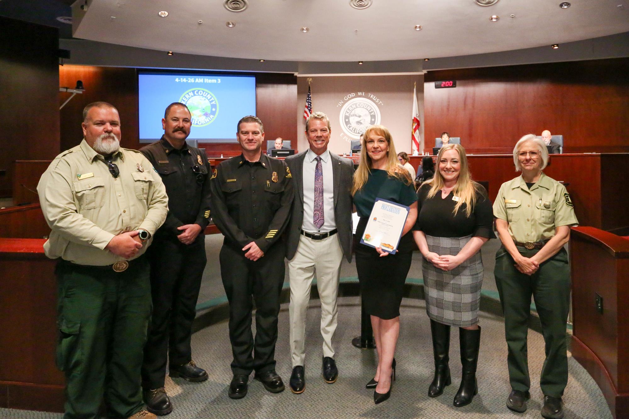 Board of Supervisors proclaim May 2, 2026 as Wildfire Community Preparedness Day in Kern County. Supervisor Parlier posing with fire officials.