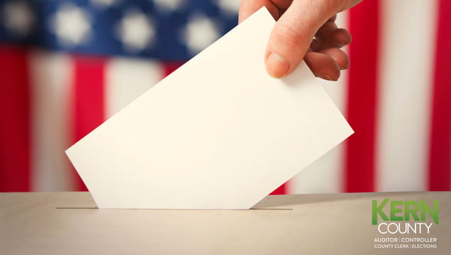 America flag background with a person putting a voting ballot in the box with the Kern County Auditor-Controller-County Clerk Elections logo in the right corner