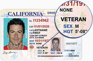 Picture of a sample Veterans California Driver's License. The word veteran appears on the driver's license and is also shown circled in a magnified view.